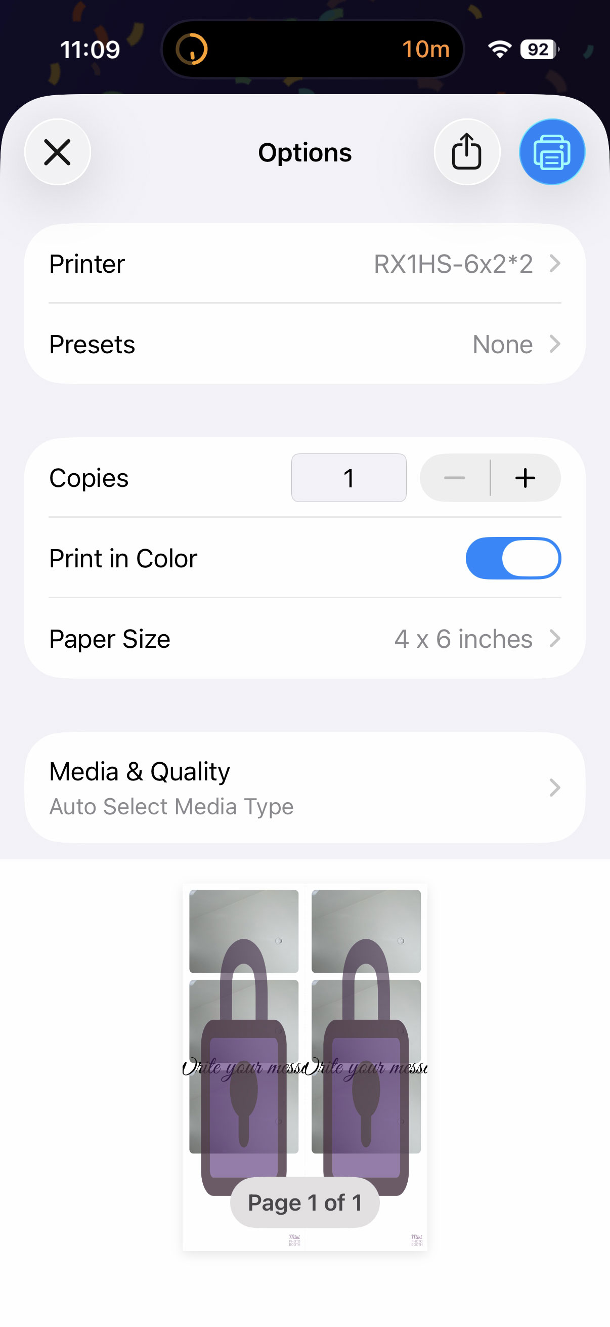 Printer selection screen in the app