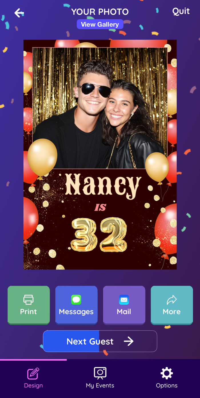 You can print or share pictures on this screen, or go to the next guest